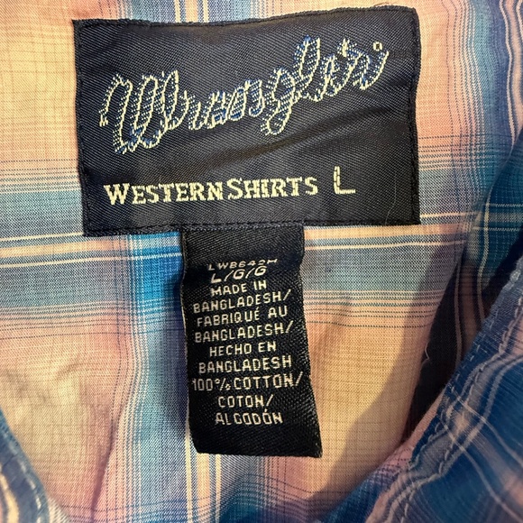 Wrangler Western Blue Plaid Pearl Button Breast Cancer Awareness Shirt Sz L - Picture 10 of 12